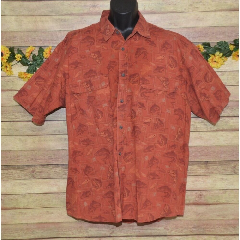 CABELA'S Size XL Short Sleeve Cotton Vented Fishing Shirt Burnt Orange Printed